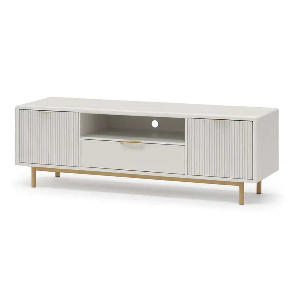 Szafka RTV, Prostokątna szafa telewizyjna 160 x 40 x 55 cm w białych panelach MDF ze złotymi stalowymi nogami