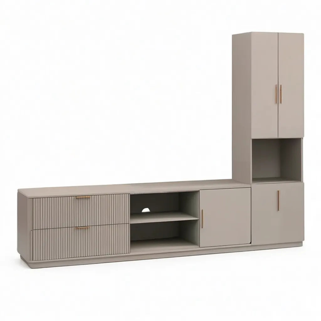 Szafka TV z prostokątną kolumną pamięci w panelach MDF taupe 240 x 40 x 190 cm