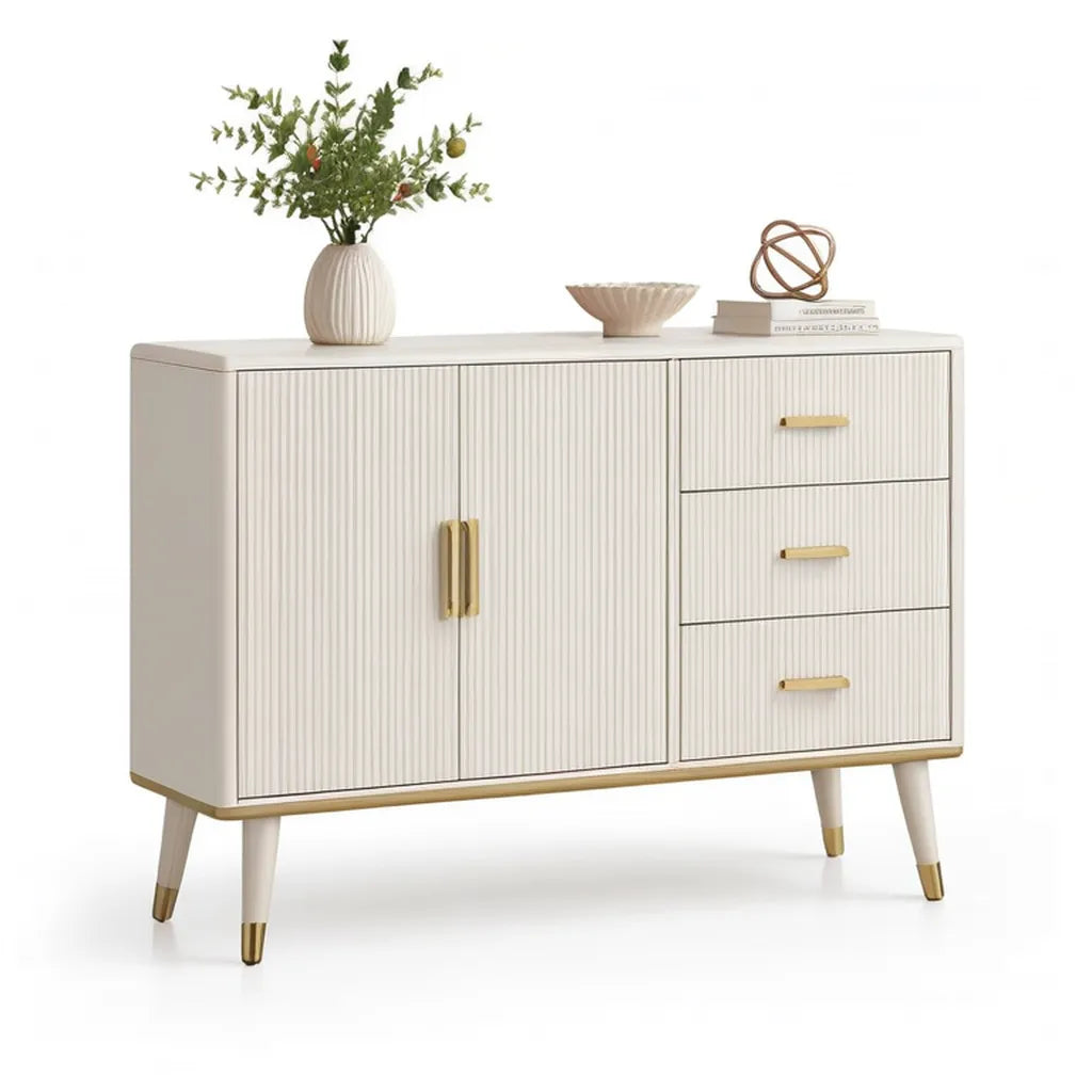 Kredens, Stół do jadalni 2 drzwi i 3 szuflady w prostokątnym MDF śmietance i złocie 120 x 40 x 80 cm