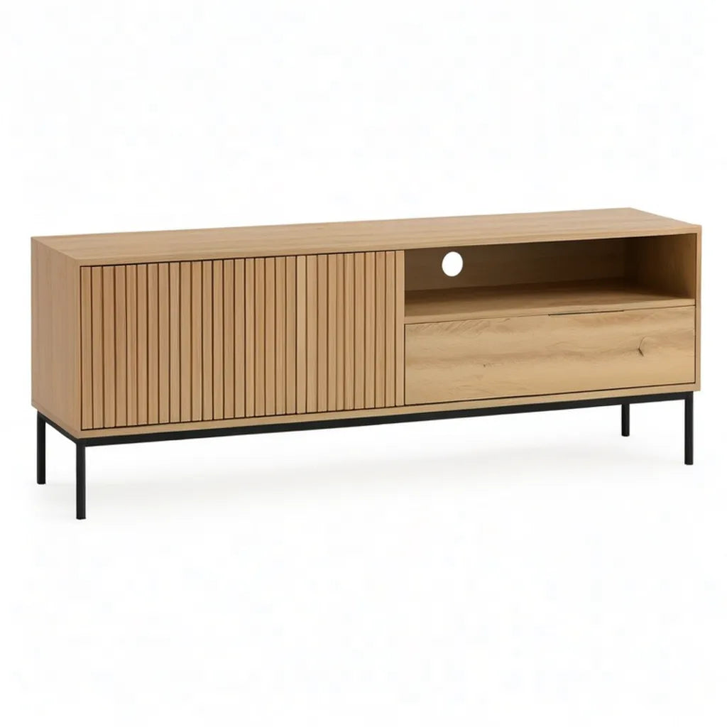 Szafka RTV, Prostokątna szafa TV z fornirowanych płyt dębowych z końcami z czarnej stali 160 x 40 x 60 cm