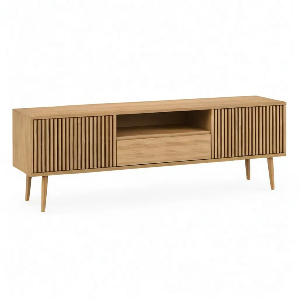 Szafka TV z dębem naturalnym 160 x 40 x 60 cm z 2 drzwiami przesuwnymi z listwami i szufladą