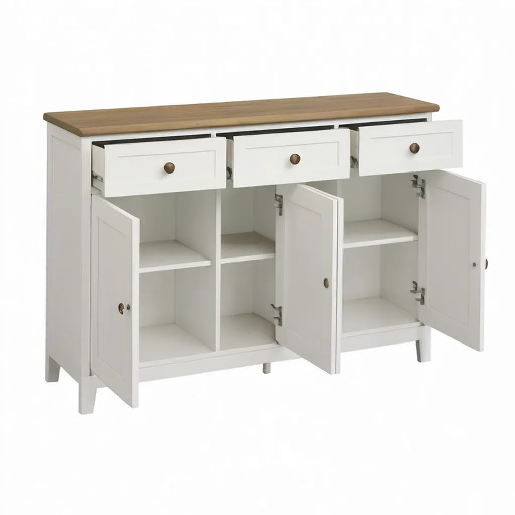 Kredens, Stół jadalny 3 drzwi 3 szuflady 120 x 40 x 85 cm biała taca MDF z prostokątnym dębowym wystrojem
