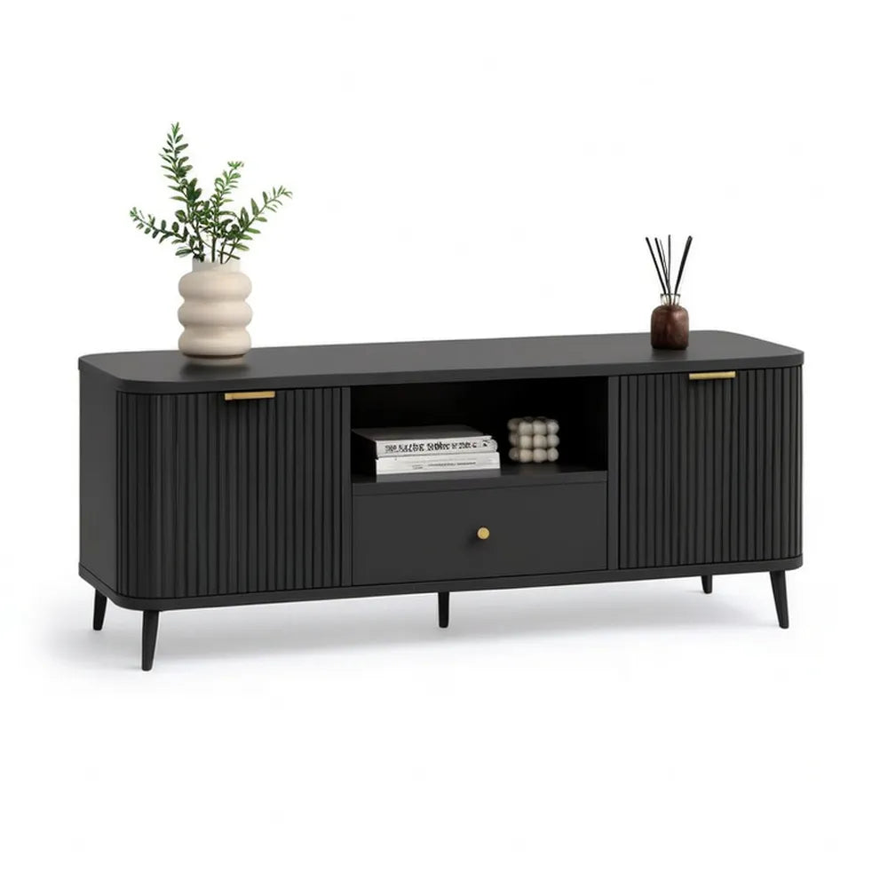 Szafka TV czarny 180 x 40 x 55 cm z wyszczuplonymi drzwiami i centralnym magazynem