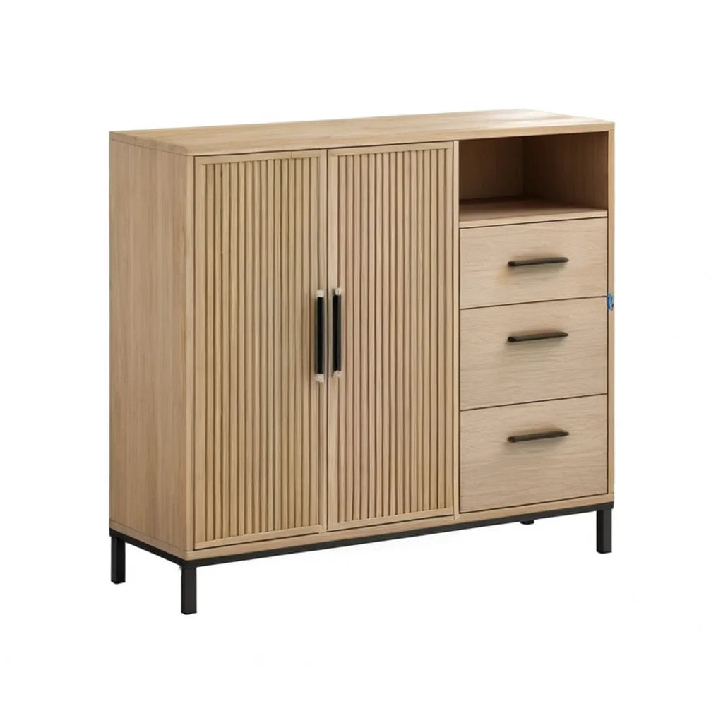 Kredens, Prostokątny MDF naturalny Dąb naturalny- oakshelted stół 120 x 40 x 120 cm z 3 szufladami i 2 drzwiami