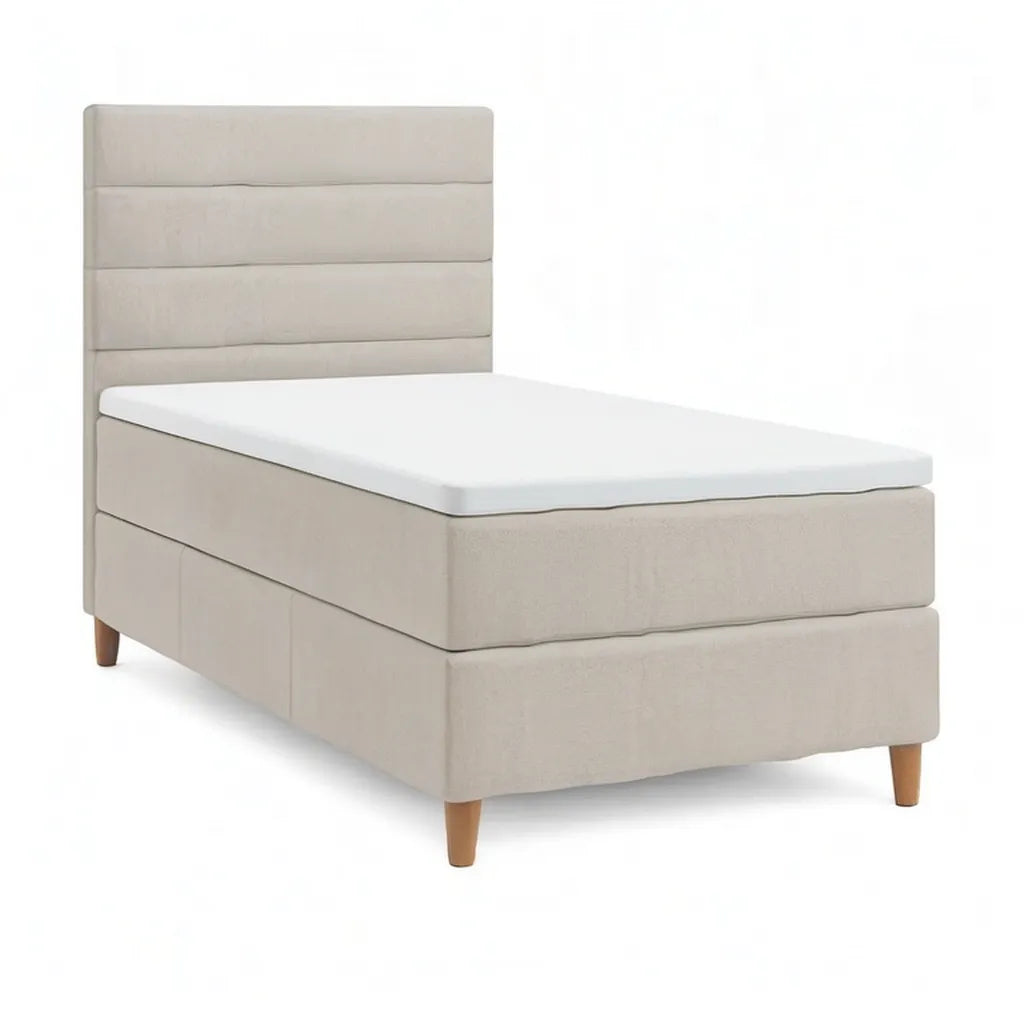 Łóżko pojedyncze Tapicerowane 90 x 200 cm w beżowym poliestrze z prostokątną deską i litymi łapami z hewy