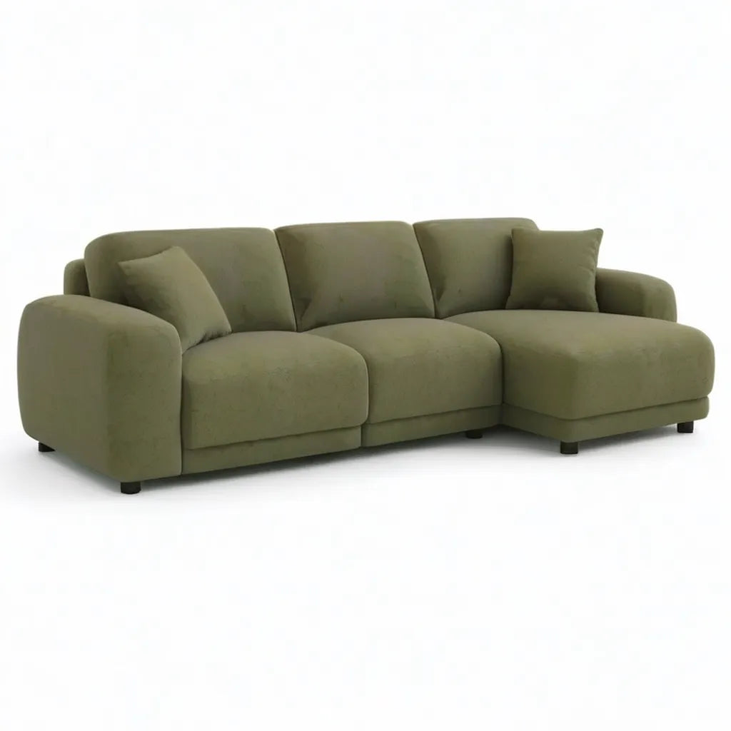 Sofa, 3 fotela rozkładana na rogu z szezlongiem 250 x 160 x 85 cm w zielonym poliestrze khaki