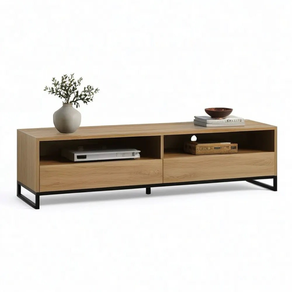 Szafka TV 200 x 40 x 50 cm w płycie MDF z naturalnym efektem dębu z czarnym stalowym magazynowaniem i nóżkami