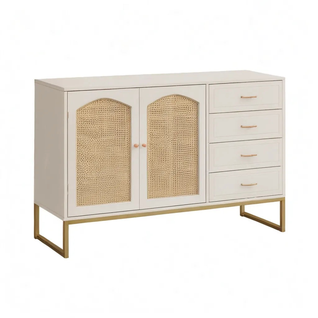 Kredens, Stół jadalny 2 drzwi 4 szuflady 120 x 40 x 85 cm MDF puszki w złotym beżowym rattanie