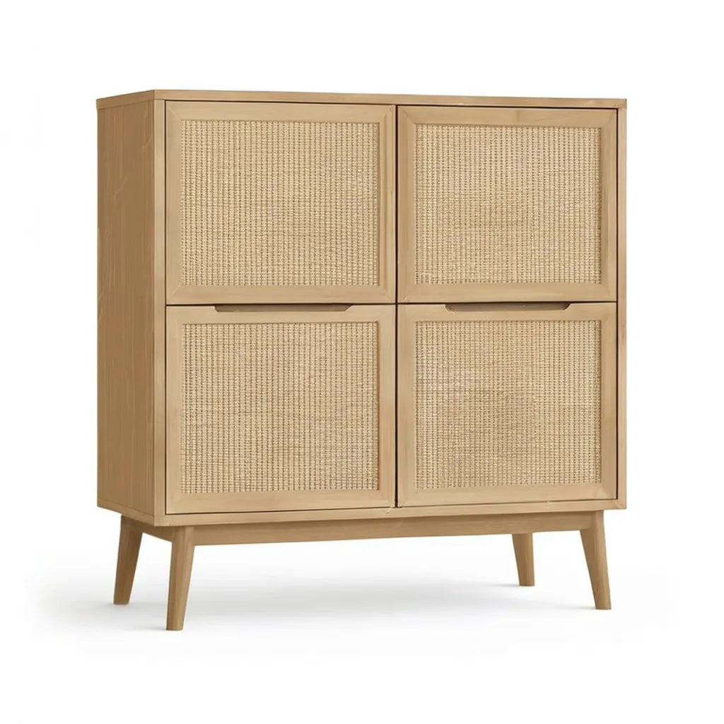 Kredens, 4 drzwi bufetu w panelach MDF z dębem i naturalną, prostokątną beżową rattanową 90 x 40 x 110 cm