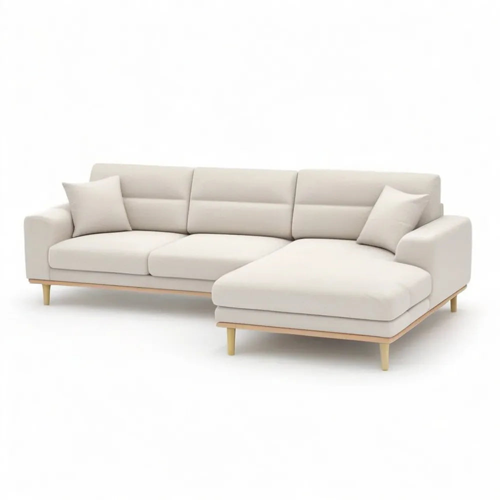 Sofa, Beżowa kanapa narożna w tkaninie z prostym szezlongiem i lekkim drewnianym nóżkami 280 x 160 x 85 cm