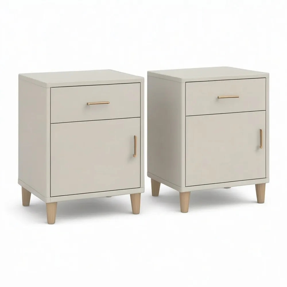 Szafka nocna, Bedside 2 zestaw 45 x 40 x 55 cm beżowy z szufladą, komorą drzwiową i drewnianymi nóżkami
