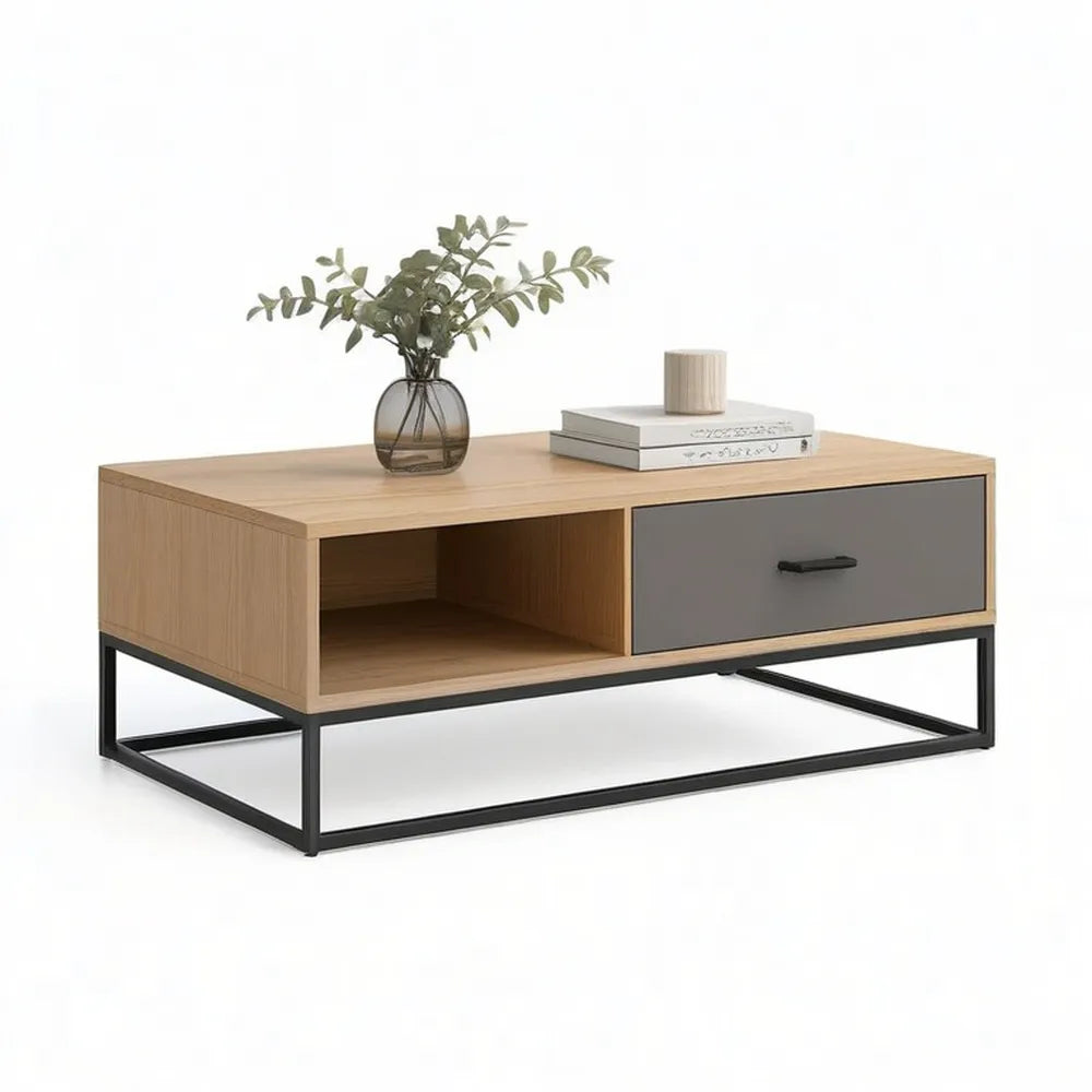 Stolik do kawy Ozdoba metalowa na drewnie z szufladą 120 x 60 x 45 cm Dęba / Czarny