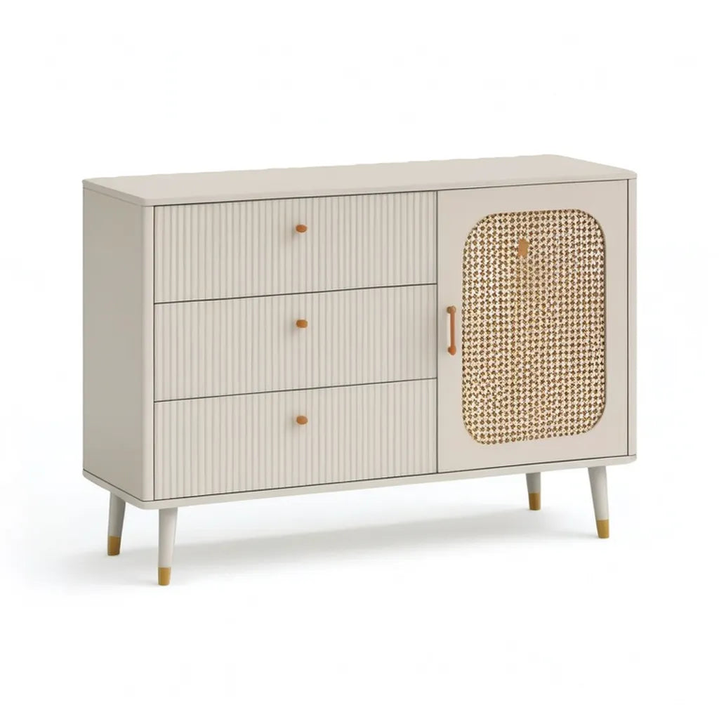 Kredens, Stół jadalny 3 szuflady 1 drzwi w MDF i krem prostokątny rattan 120 x 40 x 85 cm