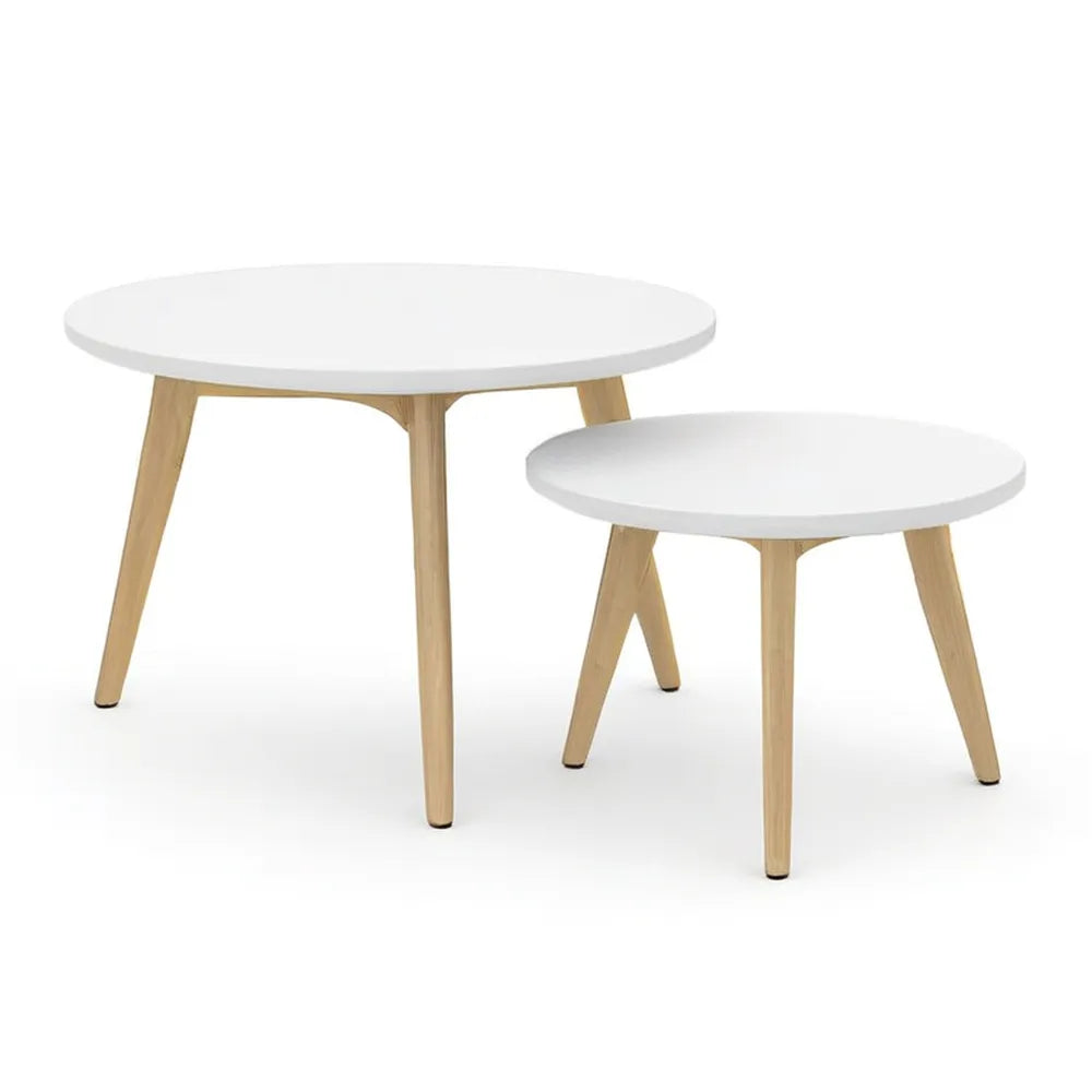 Stolik kawowy, Zestaw do kawy 2 kawałki Wokół 80 x 45 cm biały z drewnianymi nogami i MDF półki