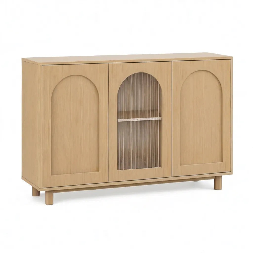 Kredens, 3 drzwi prostokątny bufet 120 x 40 x 80 cm w MDF naturalny dęb ze szkła prążkowanego