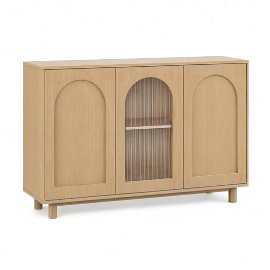 Kredens, 3 drzwi prostokątny bufet 120 x 40 x 80 cm w MDF naturalny dęb ze szkła prążkowanego