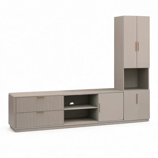 Szafka TV z prostokątną kolumną pamięci w panelach MDF taupe 240 x 40 x 190 cm