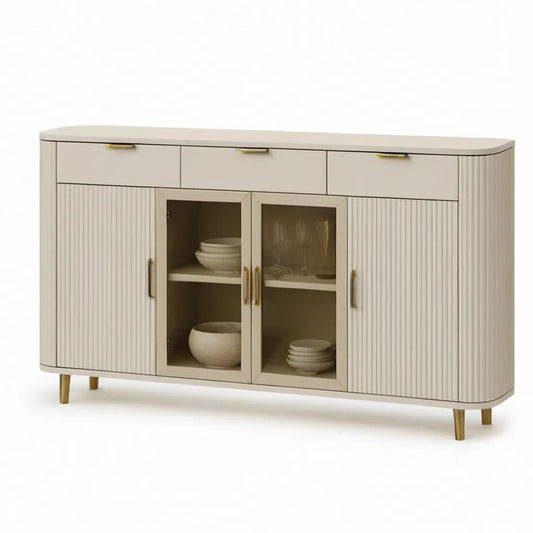 Kredens, Stół jadalny 4 drzwi 3 szuflady z płyty MDF lakierowane i prostokątne szkło beżowe 160 x 40 x 85 cm