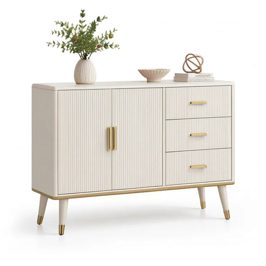 Kredens, Stół do jadalni 2 drzwi i 3 szuflady w prostokątnym MDF śmietance i złocie 120 x 40 x 80 cm