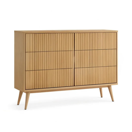 Kredens, MDF naturalny prostokątny dębowy ocynkowany 6 szuflady bufet 140 x 40 x 80 cm