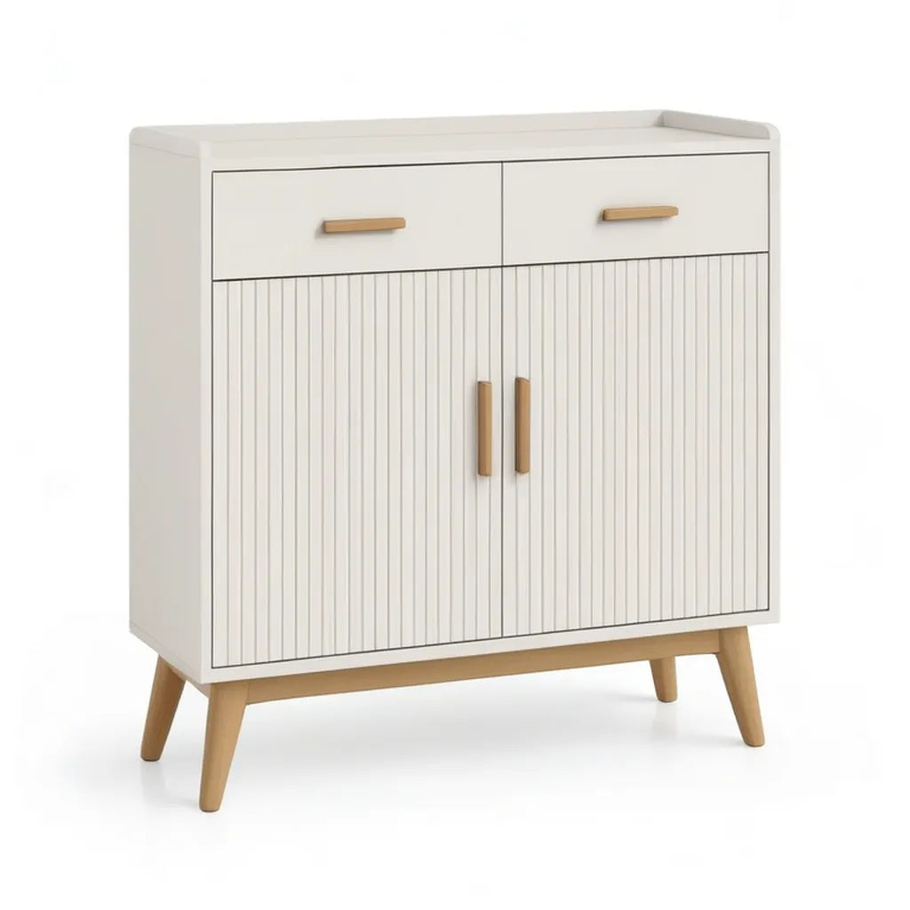Kredens, Stół jadalny 2 drzwi 2 szuflady w MDF i prostokątny hevea biały 80 x 40 x 100 cm