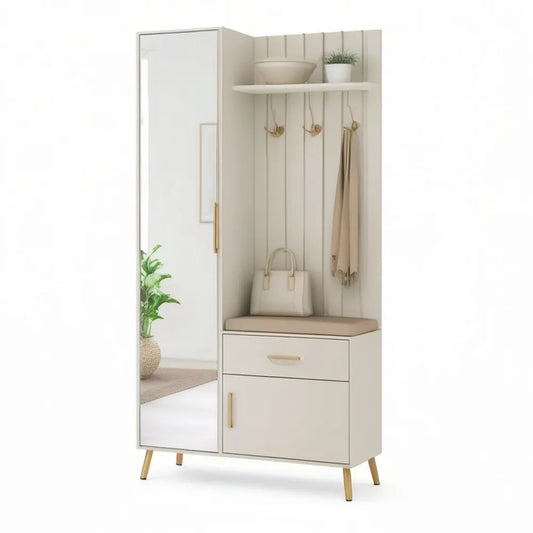 Szafa do przedpokoju, Szafka wejściowa z lustrem 100 x 35 x 180 cm biały z szufladami i złotymi patelami