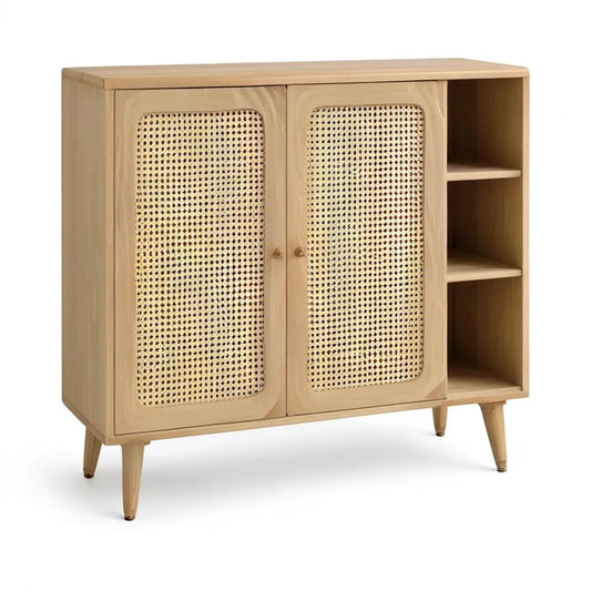 Kredens, Stół do jadalni 100 x 40 x 90 cm w pokrytym okowitą MDF z drzwiami w naturalnej beżowej puszce rattanowej