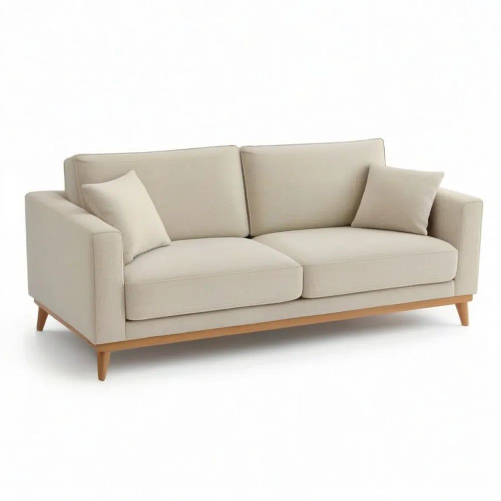 Sofa, Lekka beżowa kanapa 3 fotelowa w poliestrowej tkaninie z wyściełaną poduszką i drewnianymi nóżkami 220 x 90 x 85 cm