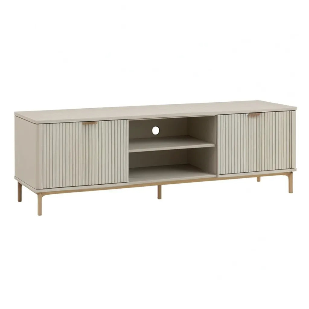 Szafka RTV, Prostokątna szafa telewizyjna 160 x 40 x 55 cm w beżowym melaminowanym MDF ze złotą stalową podstawą