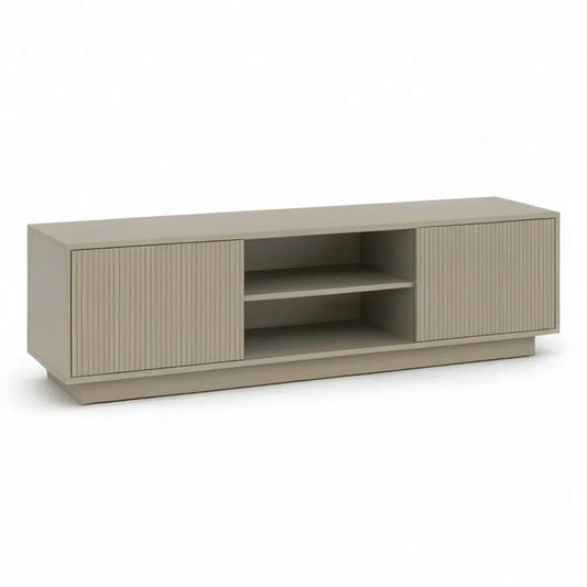 Szafka do niskich telewizorów z magazynem 180 x 40 x 45 cm w beżowym MDF z wyściełanymi drzwiami