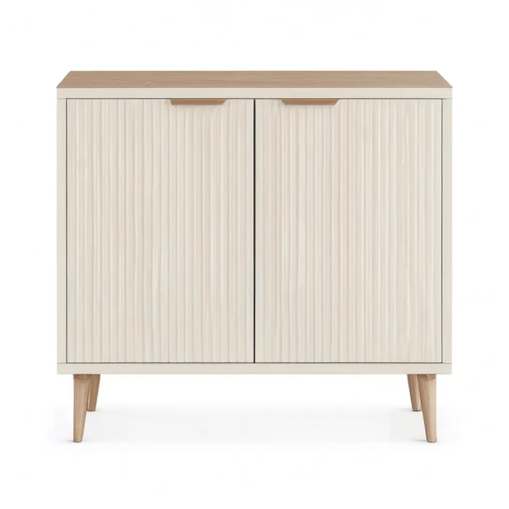Kredens, Dwa drzwi boczne 90 x 40 x 90 cm w białych prostokątnych panelach MDF i lekkim dębie