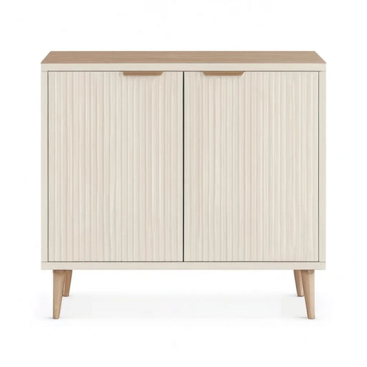 Kredens, Dwa drzwi boczne 90 x 40 x 90 cm w białych prostokątnych panelach MDF i lekkim dębie
