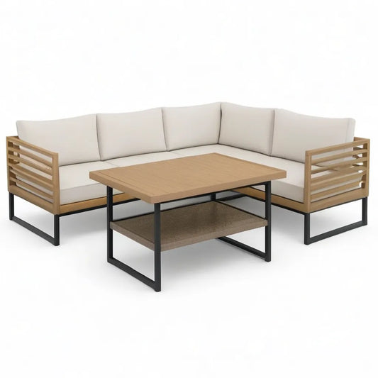 Sofa ogrodowa, Ogród salon narożnik sofa zestaw 4- część 220 x 220 cm acacia lite drewno beżowe charakter