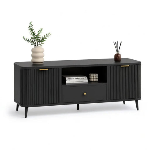 Szafka TV czarny 180 x 40 x 55 cm z wyszczuplonymi drzwiami i centralnym magazynem