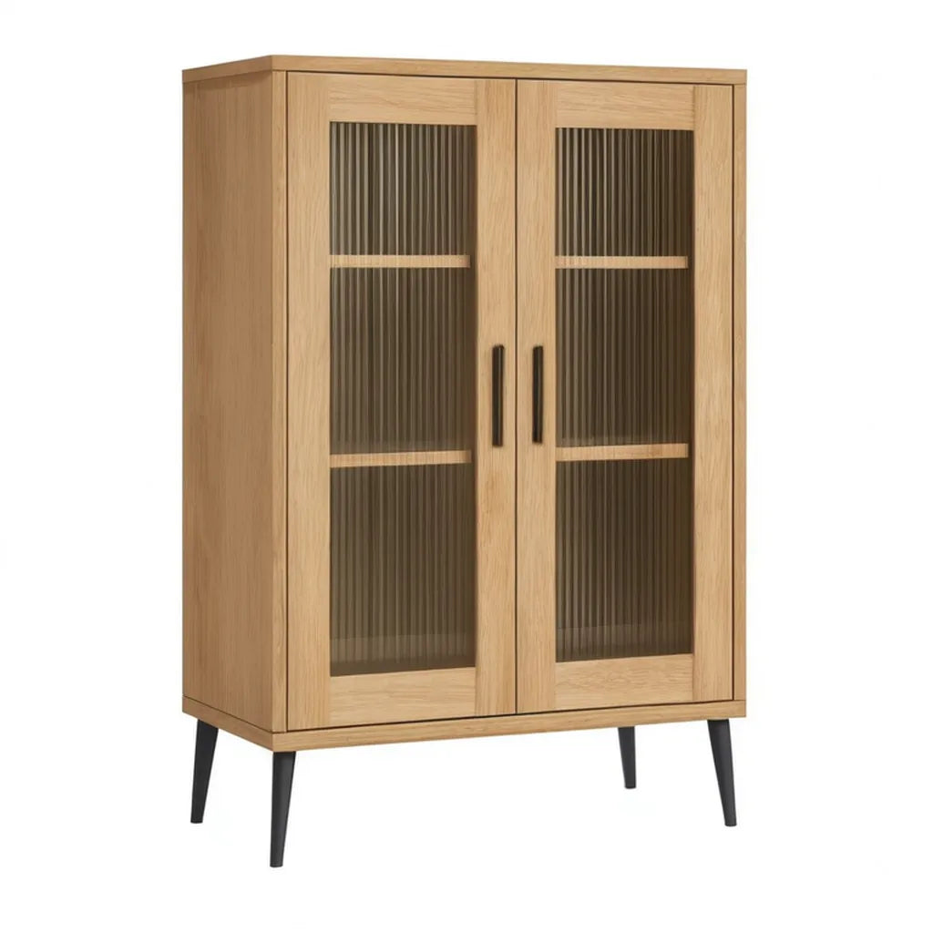 Kredens, Okno boczne 2 drzwi w panelach MDF z dębem i prostokątnym dębem szklanym 90 x 40 x 150 cm