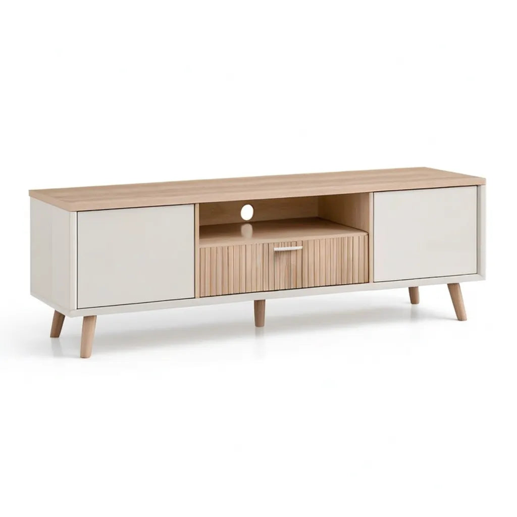 Szafka RTV, Prostokątna szafa TV 140 x 40 x 50 cm w dębie MDF i białym wystroju z 2 drzwiami 1 szuflada i otwarta nisza