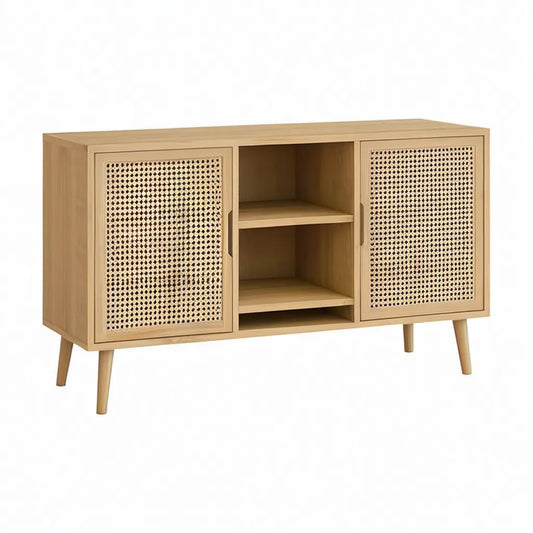Kredens, Stół jadalny 2 drzwi z otwartym magazynem 120 x 40 x 75 cm płyt MDF dębowe puszki wystrój w naturalnym prostokątnym beżowym rattanie