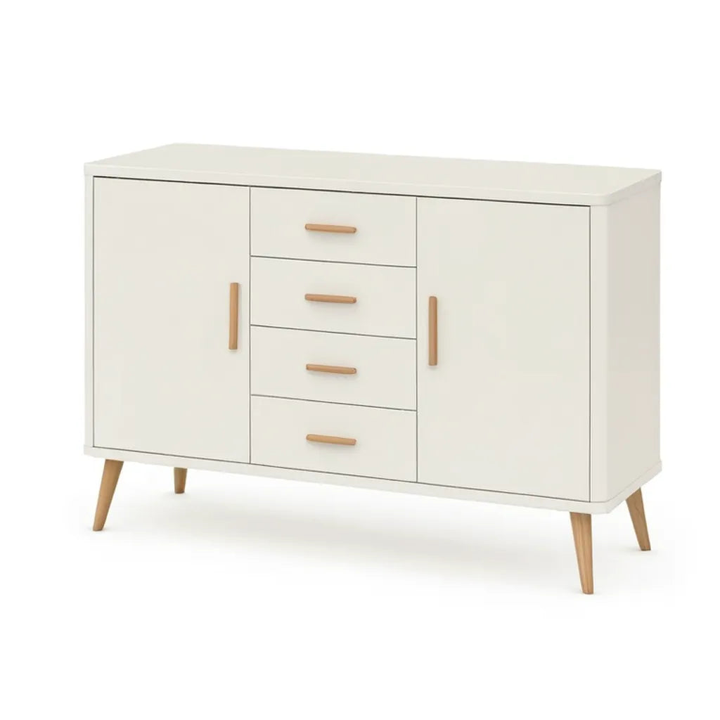 Kredens, Dwa drzwi boczne 4 szuflady w prostokątnym białym MDF 120 x 40 x 80 cm