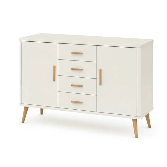 Kredens, Dwa drzwi boczne 4 szuflady w prostokątnym białym MDF 120 x 40 x 80 cm