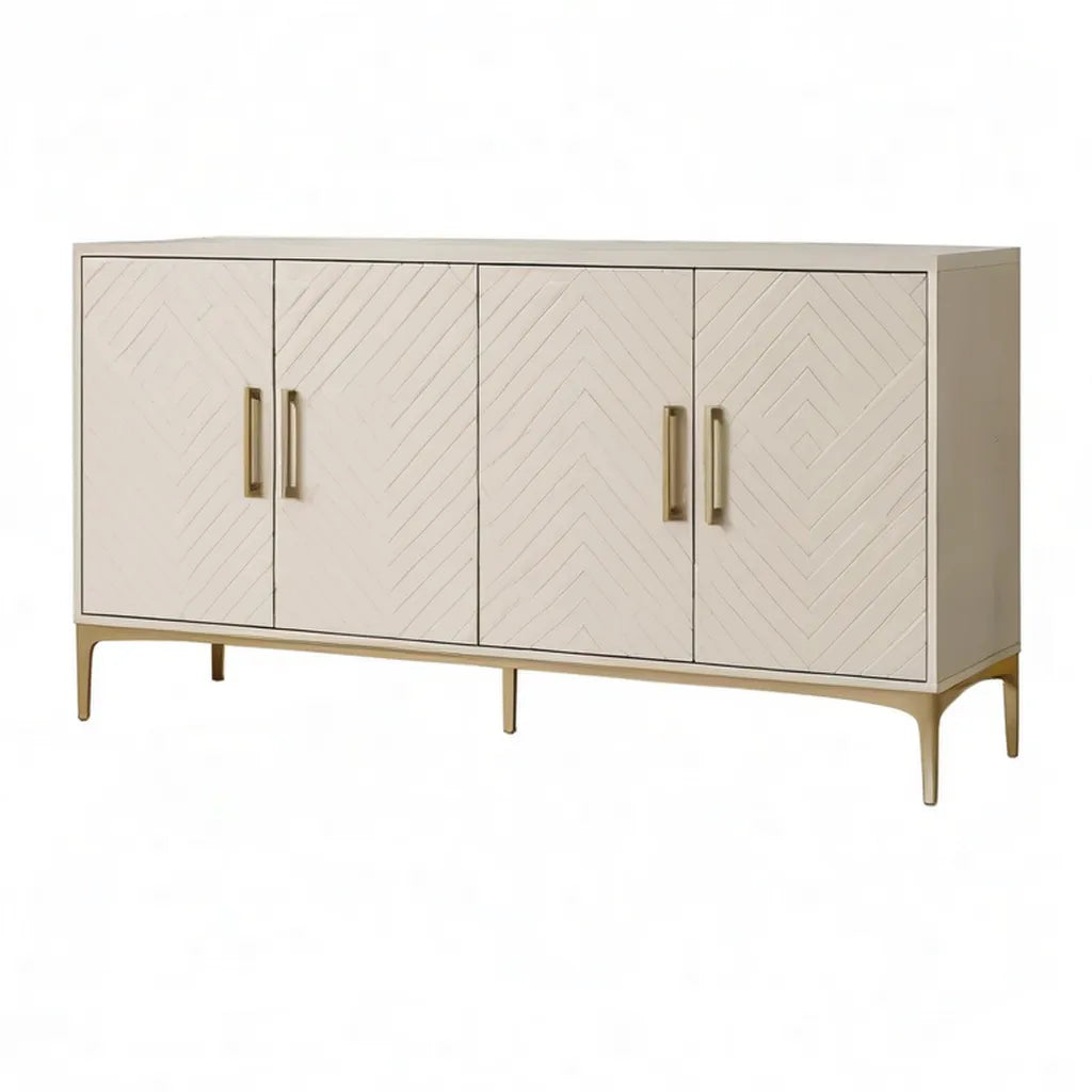 Kredens, Prostokątna jadalnia bufet 4 drzwi 160 x 40 x 85 cm MDF biały krem nóżki złota stal