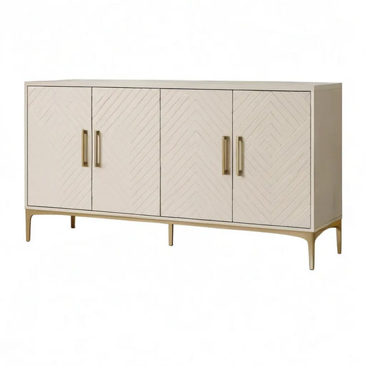 Kredens, Prostokątna jadalnia bufet 4 drzwi 160 x 40 x 85 cm MDF biały krem nóżki złota stal