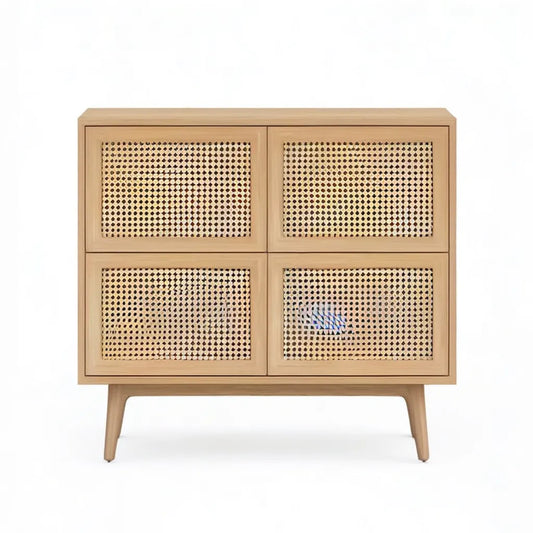 Kredens, 4 drzwi bufetu w mango i naturalny prostokątny rattan 100 x 40 x 100 cm