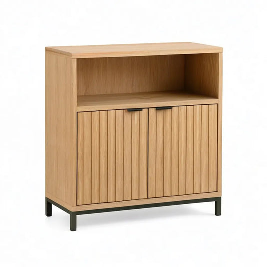 Kredens, Prostokątna jadalnia w formie bufetu 80 x 40 x 100 cm w naturalnym, ocynkowanym MDF z czarną stalową podstawą