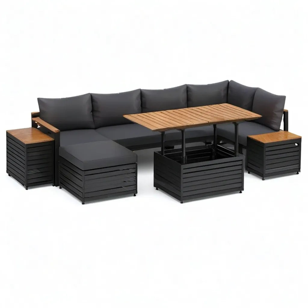 Sofa ogrodowa, Ogród salon zestaw narożna sofa z stołem i 3 stoły stalowe acacia prostokątna czarna naturalna 245 x 245 cm
