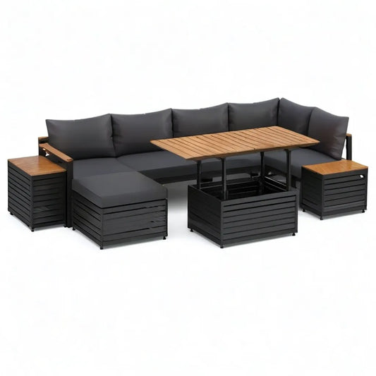 Sofa ogrodowa, Ogród salon zestaw narożna sofa z stołem i 3 stoły stalowe acacia prostokątna czarna naturalna 245 x 245 cm