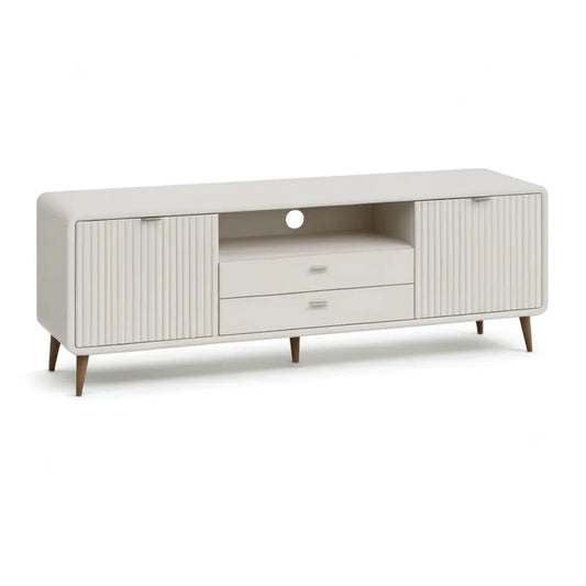 Szafka RTV, Prostokątna szafa telewizyjna 180 x 40 x 55 cm w białych panelach MDF z litymi nóżkami hewei