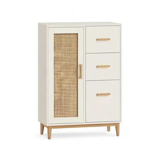 Kredens, Prostokątne przechowywanie w formie bufetu 80 x 40 x 120 cm w kolorze białym MDF z puszkami w rattanie