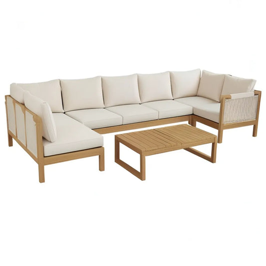 Sofa ogrodowa, Ogród salon zestaw narożna kanapa z acacia lite drewno stolik kawy w beżowy 250 x 250 x 75 cm