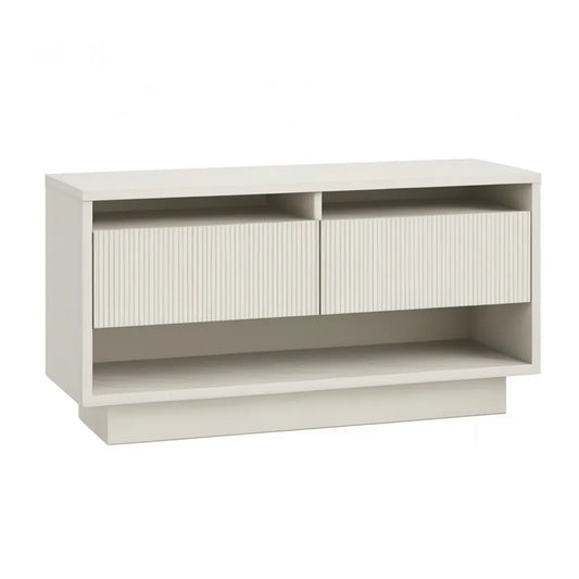 Szafka RTV, Biała prostokątna szafa TV z 2 szufladami wyszczotkowanymi w panelach MDF 120 x 40 x 65 cm