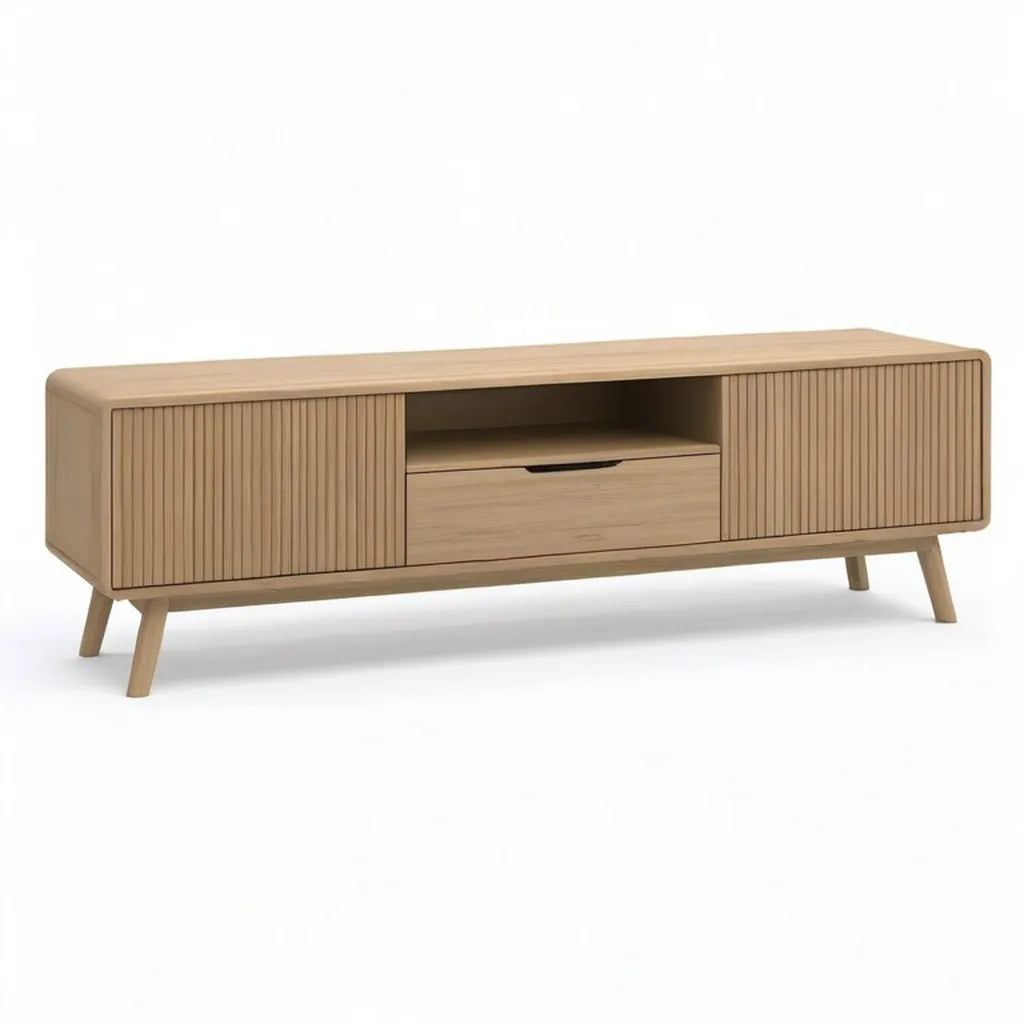 Szafka do telewizora 160 x 40 x 55 cm w naturalnych, prostokątnych, dębowych płytach MDF z 2 drzwiami przesuwnymi i szufladą